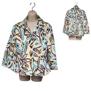 A La Carte Stretch Multi-Aqua Floral Cotton 3/4 Sleeve Blazer Jacket Size Medium